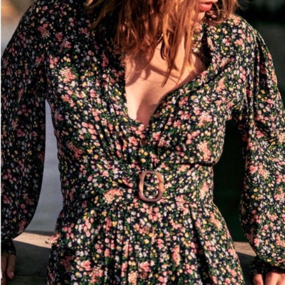 Floral V-Neck Belted Midi Dress in navy